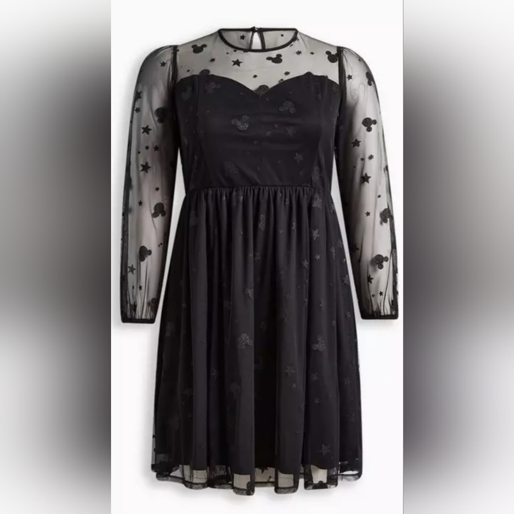 Disney TORRID Mickey Stars Illusion Neck Skater Black Dress Size 18